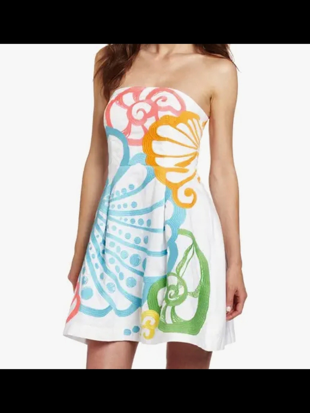 Strapless White Sundress with Multicolor Shell Print